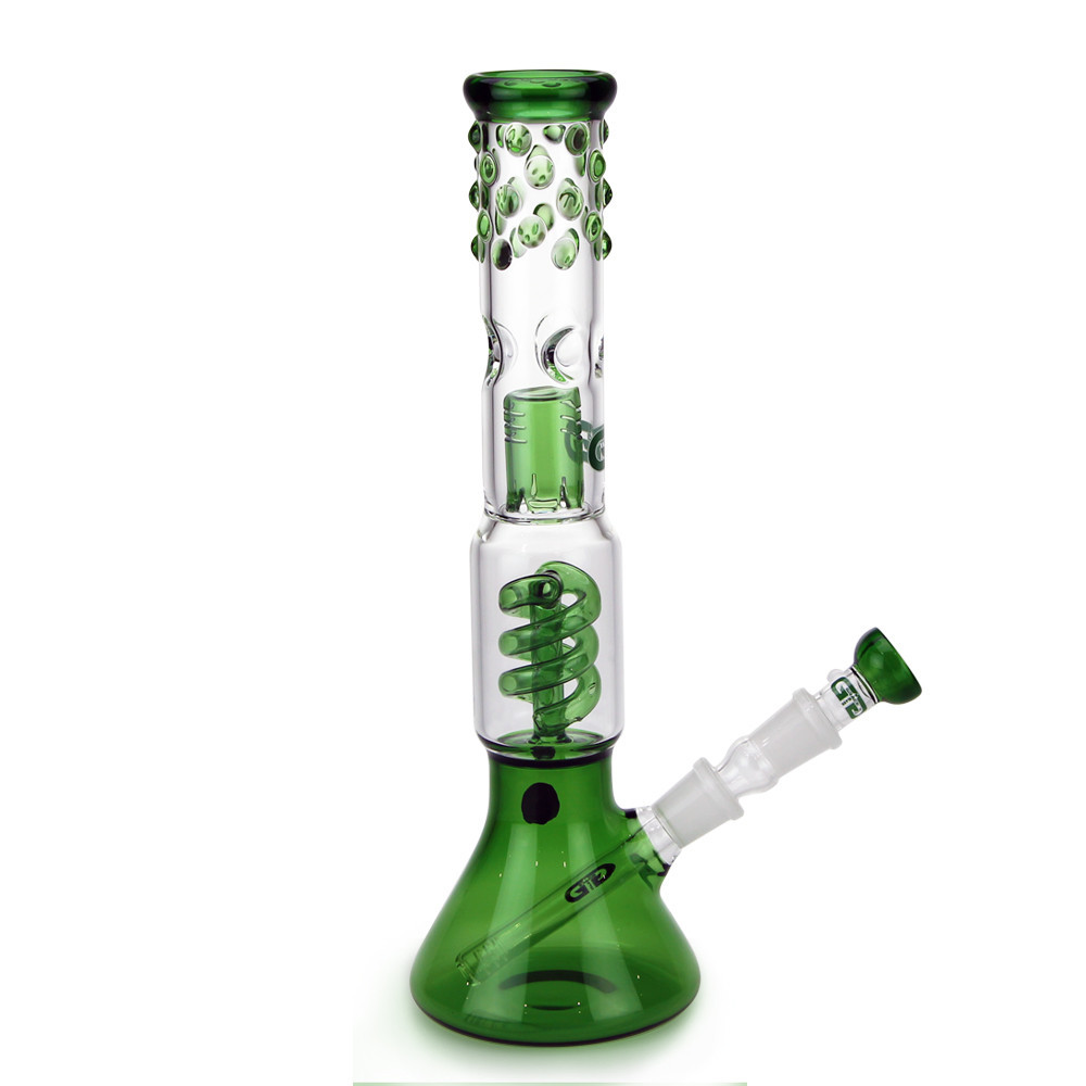 Beaker Bong with Spiral Perc Splash Guard and Ice Notch and Bubbled Detail Green