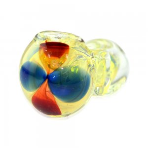 Glass Spoon Handpipe with Center Cube Handle Blue and Red Details