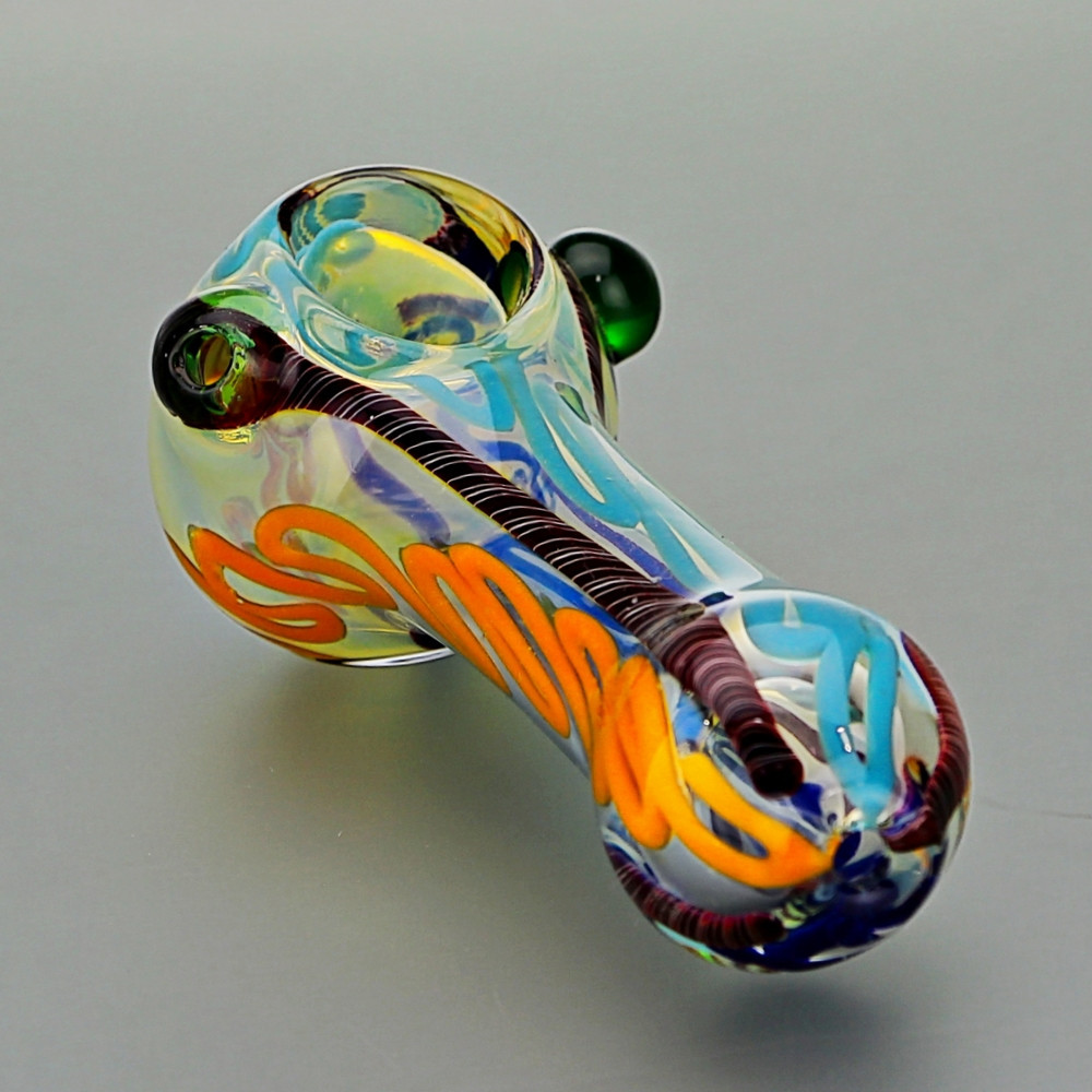 Glass Spoon Pipe Double Marbles Blue Multi Colors with Red Candy Cane Stripe