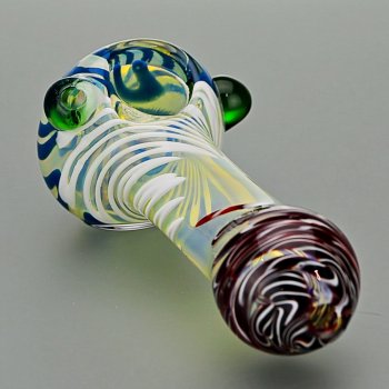 Glass Spoon Pipe Double Marbles Blue and Clear with Red Mouthpiece Detail