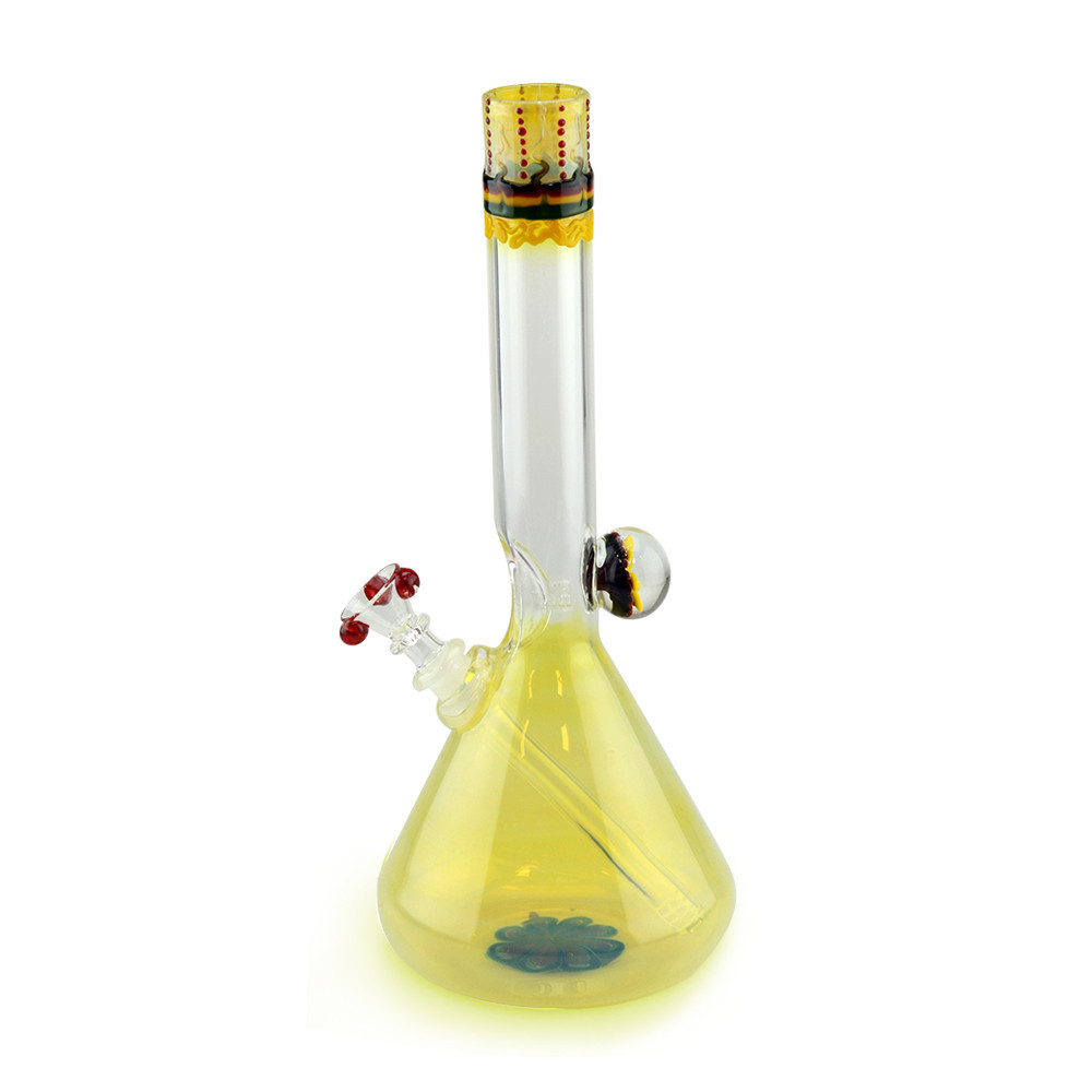 Glass on Glass Beaker Bong with Flame Top and Marble Detail Rasta Mouthpiece