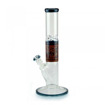 Glass on Glass Straight Tube Bong with Ice Pinch Color Wrap Lip and Base Art Detail Sections