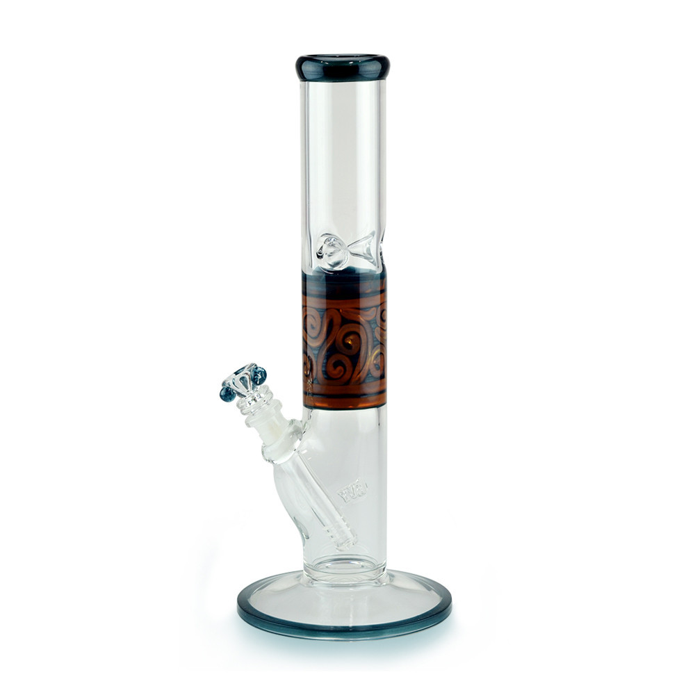Glass on Glass Straight Tube Bong with Ice Pinch Color Wrap Lip and Base Art Detail Sections