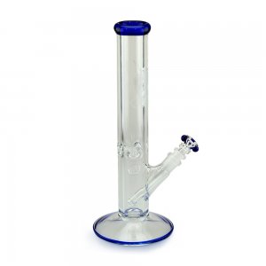 Straight Tube Thick Glass Bong with Ice Notch and Color Wrap Lip Blue