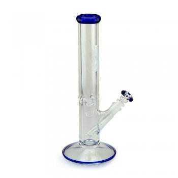 Straight Tube Thick Glass Bong with Ice Notch and Color Wrap Lip Blue