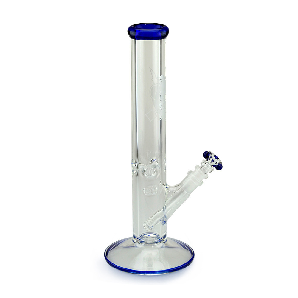 Straight Tube Thick Glass Bong with Ice Notch and Color Wrap Lip Blue