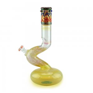 Tall Glass on Glass Round Base Bong with Bent Neck Colored Sections and Worked Mouthpiece
